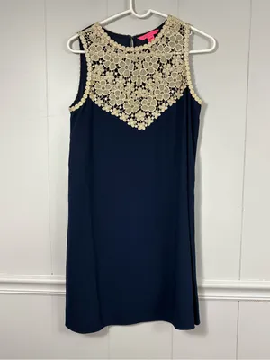Lilly Pulitzer Navy Nala Shift Dress 4 Gold Crochet Lace Neckpiece Preppy Summer thumbnail 5