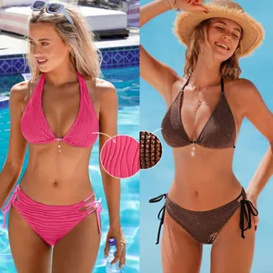 NWT Cupshe Lot of 4 Bikinis Oceanside Charm & Pink Textured Halter Swimsuit Sz M thumbnail 2