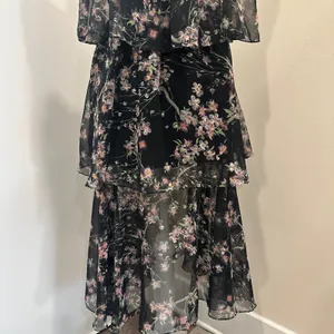 VTG 60-70s Black Chiffon Tiered Midi Dress Pink Floral Coquette Fairy Cottage XS thumbnail 6