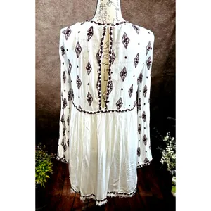 Free People Embroidered Diamond Top Mini Dress Cream Burgundy size S thumbnail 12