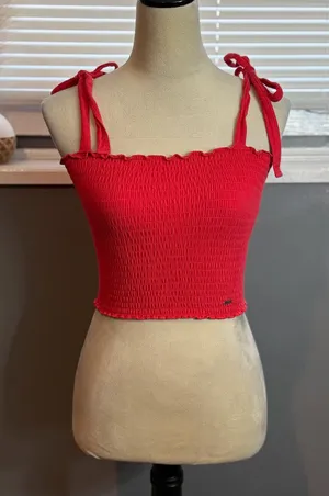 Hollister Bright Red Smocked Tie-Shoulder Crop Top thumbnail 1