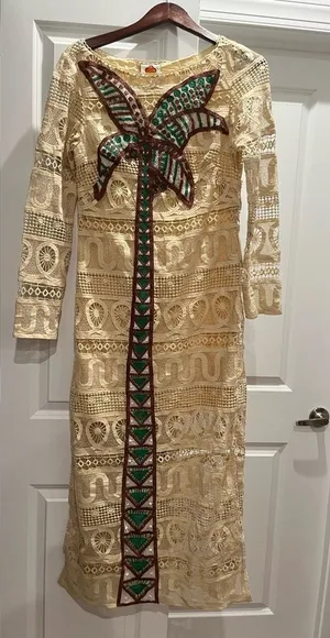 NWT Farm Rio Guipire Lace Long Sleeve Midi Dress Cream Coconut Tree Tropical S thumbnail 1