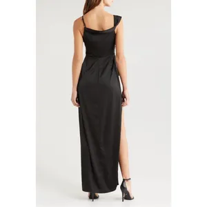 Lush Love Black Satin Asymmetrical High Slit Off-the-Shoulder Dress Size Large thumbnail 2