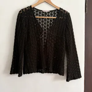Fresh Wear Dark Olive Green Open Knit Velvet Trim Tie Bell Sleeve Cardigan thumbnail 1