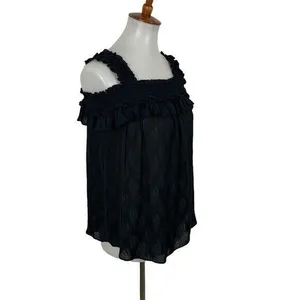 Anthropologie Black Smocked Ruffle Strap Sleeveless Textured‎ Boho Tank Top S thumbnail 4