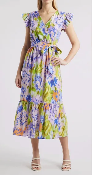 Sam Edelman Print Wrap Front Flutter Sleeve Midi Dress thumbnail 1
