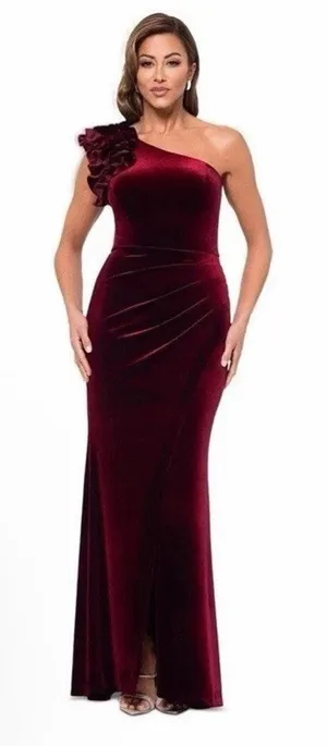 Xscape Burgundy Wine Ruffle One-Shoulder Velvet Gown Size 8 $258 NEW thumbnail 1