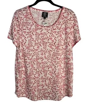 Bobeau Womens Floral Print Knit Top Scoop Neck Short Sleeve Ivory Size L thumbnail 1