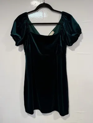 Velvet Puff-Sleeve Mini Dress in Deep Green by Altar’d State thumbnail 1