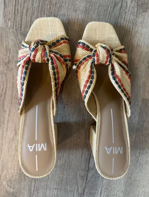 MIA Raffia Block Heel Slide Sandals Knotted Woven‎ Red Navy Blue Mules Womens 9 thumbnail 1