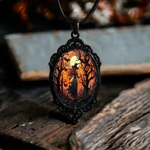 Retro Style Bat Witch Pendant Cameo Black Pendant Necklace Gothic Glass Pendant thumbnail 10