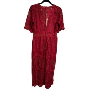 Maroon Dark Red Romper Boho V Neck Lace Maxi Dress Medium thumbnail 2