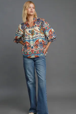 Umgee Bohemian Puff Sleeve Patterned Colorful V-Neck Blouse thumbnail 2