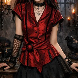 Vintage Whimsigoth Dark Romance Red‎ Satin Polka Dot Belted Blouse Structured SM thumbnail 1