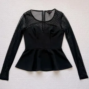 Material Girl Top Black Peplum Blouse Sz S Mesh SL Ruffle Bottom - Holiday thumbnail 1