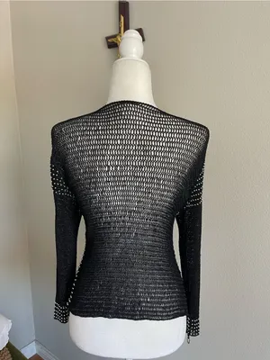 Black Open-Knit Long Sleeve Cardigan with Silver Stud Detail thumbnail 6