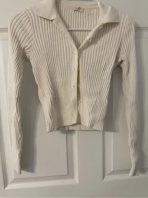 Brandy Melville Ribbed Collared Button-Up Cardigan - Cream thumbnail 1