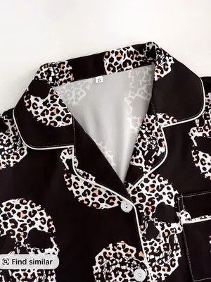 Women's Fitted Skull Print Pajama Set Button Front Short Sleeve Small NEW thumbnail 3