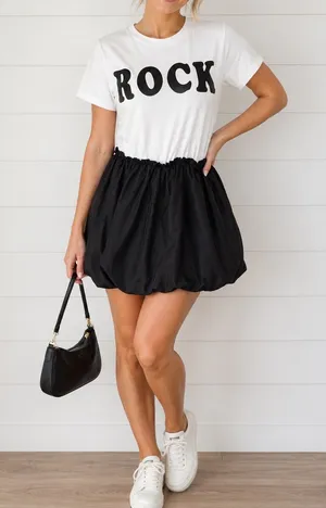 ROCK White Graphic Mini Dress Black Bubble Skirt Cotton Blend Size M thumbnail 1