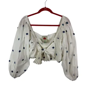 Farm Rio Blue Flowers‎ Crop Top Large White Floral Embroidered Tie Front Beachy thumbnail 2