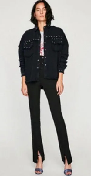 ZARA | Studded Denim Black Fringe Raw Hem Jacket thumbnail 3
