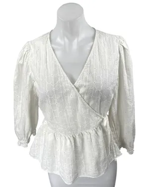 Madewell White Floral Embroidered Eyelet Balloon Puff Sleeve Peplum Blouse Top M thumbnail 1