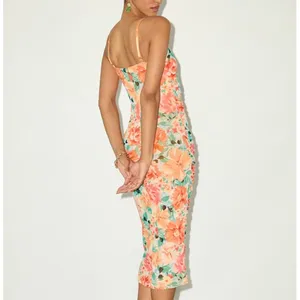 NEW Lulus Date Night Beauty Orange Floral Print Mesh Ruched Midi Dress Small thumbnail 5