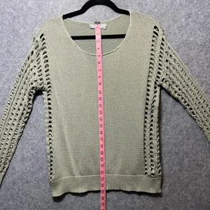 One Grey Day Open Knit‎ Ladder Sleeve Crochet Sweater Sage Green L Boho Cotton thumbnail 4