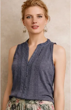 Meadow Rue Anthropologie Sz M Gray Sleeveless Blouse Crochet Lace Trim Cotton Top⁠ thumbnail 1