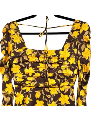 Floret Cottagecore Dark Floral Ruched Square Neck Dress Yellow Brown XS NWOT thumbnail 5