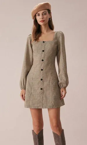 RIHOAS The Khaki Square Neck Plaid Button Mini Dress M 68 thumbnail 5