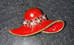 Vintage Red Hat Brooch Red Purple Rhinestone Enamel Accessory‎ thumbnail 1