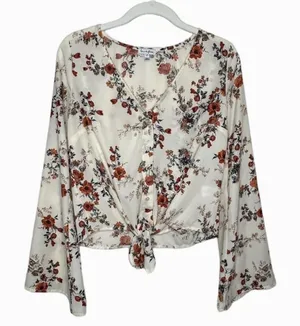 NEW Floral Front Tie Fluted Bell Sleeve Top Size Small thumbnail 1