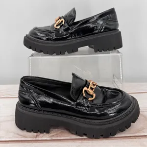 Black Patent Faux Leather Lug Sole Platform Loafers Y2K Inspired Gold Chain 6.5 thumbnail 1