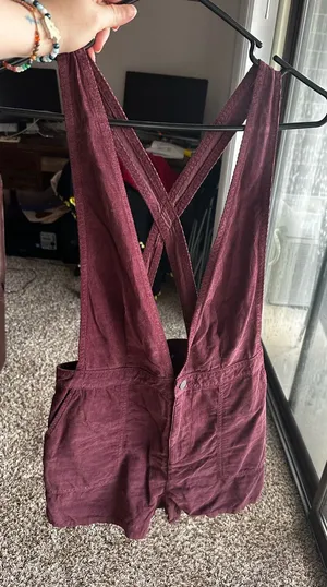 American Eagle Outfitters Burgundy Crossback Corduroy Short Overalls thumbnail 1