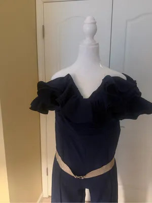 Loragal off-Shoulder Navy Ruffle Wide-Leg Jumpsuit with gold Belt side zip NWT thumbnail 6