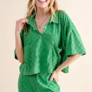 ✨NWT And The Why Brushed Texture‎ Checker Board Pattern Casual Top Green Size M thumbnail 4