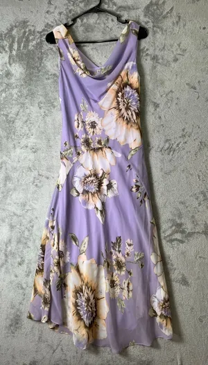 Floral Cowl Neck Midi Dress Lavender Sleeveless A-Line Garden Party Size 6 thumbnail 1