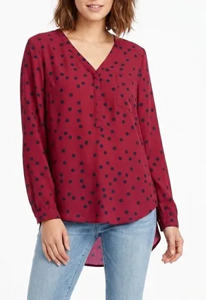 Merona Blouse Womens L Red Polka Dot V-Neck Long Sleeve Pocket Good thumbnail 1