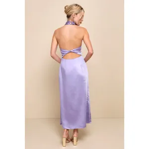 Lulus Perfectly Sleek Lavender Satin Halter Slip Midi Dress Holiday Elegant XS thumbnail 3