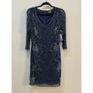 Pisarro Nights Navy Beaded V-neck Cocktail Dress Size 8 $238 MSRP thumbnail 3