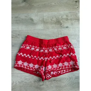 LOFT Red Embroidered shorts LINEN VISCOSE drawstring BOHO pockets Fray Edge sz S thumbnail 2