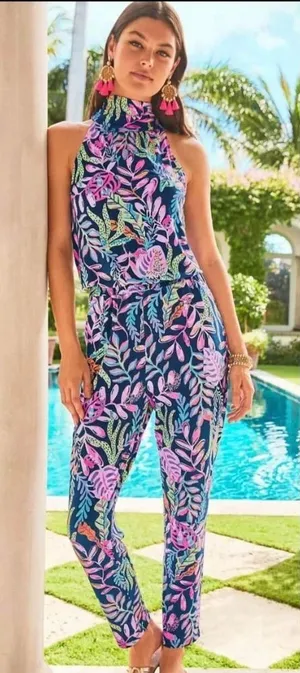 Lilly Pulitzer Navy Tropical-Print Halter Jumpsuit with Pink Accents thumbnail 1