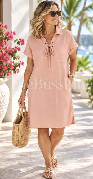 Lulus Dress M NWT Blush Pink Linen Blend Lace Up Shift Midi Pockets Resort thumbnail 1