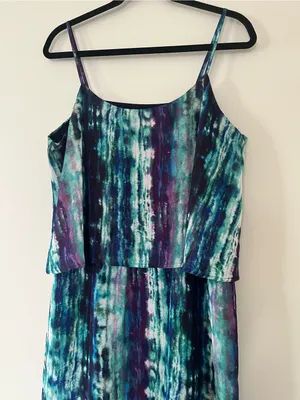 Blue Purple Abstract Maxi Dress Large Resort Beach Vacation Tropical Watercolor thumbnail 2