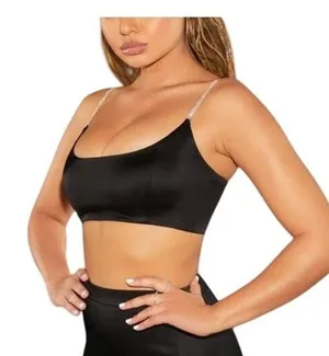 Oh Polly Black Rhinestone Strap Crop Top Zipper Back Evening Clubwear thumbnail 1