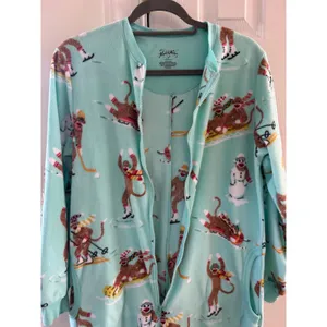Nick & Nora Mint Green Fleece Sock Monkey Winter Sled Snowman One Piece Pajama thumbnail 4