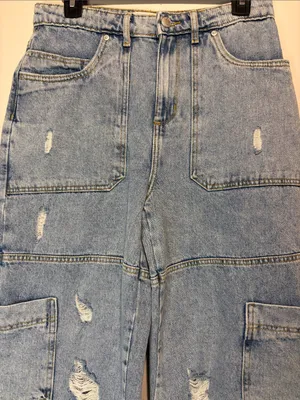 Avec Les Filles RIOU High Rise Wide Leg Cargo Jeans Tunnel Destructed Wash SZ 27 thumbnail 10
