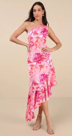 NWT Lulus Divinely Blooming Pink Multi Floral One-Shoulder Midi Dress Large thumbnail 1