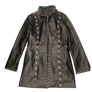Delias by Dolls Kill Gothic Midnight In Paris Vegan Leather Coat with Pink Stitches thumbnail 1